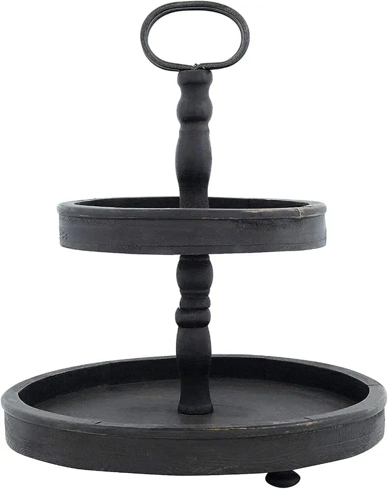 Creative Co-Op Distressed Blackwashed Wood 2-Tier Tray with Metal Handle