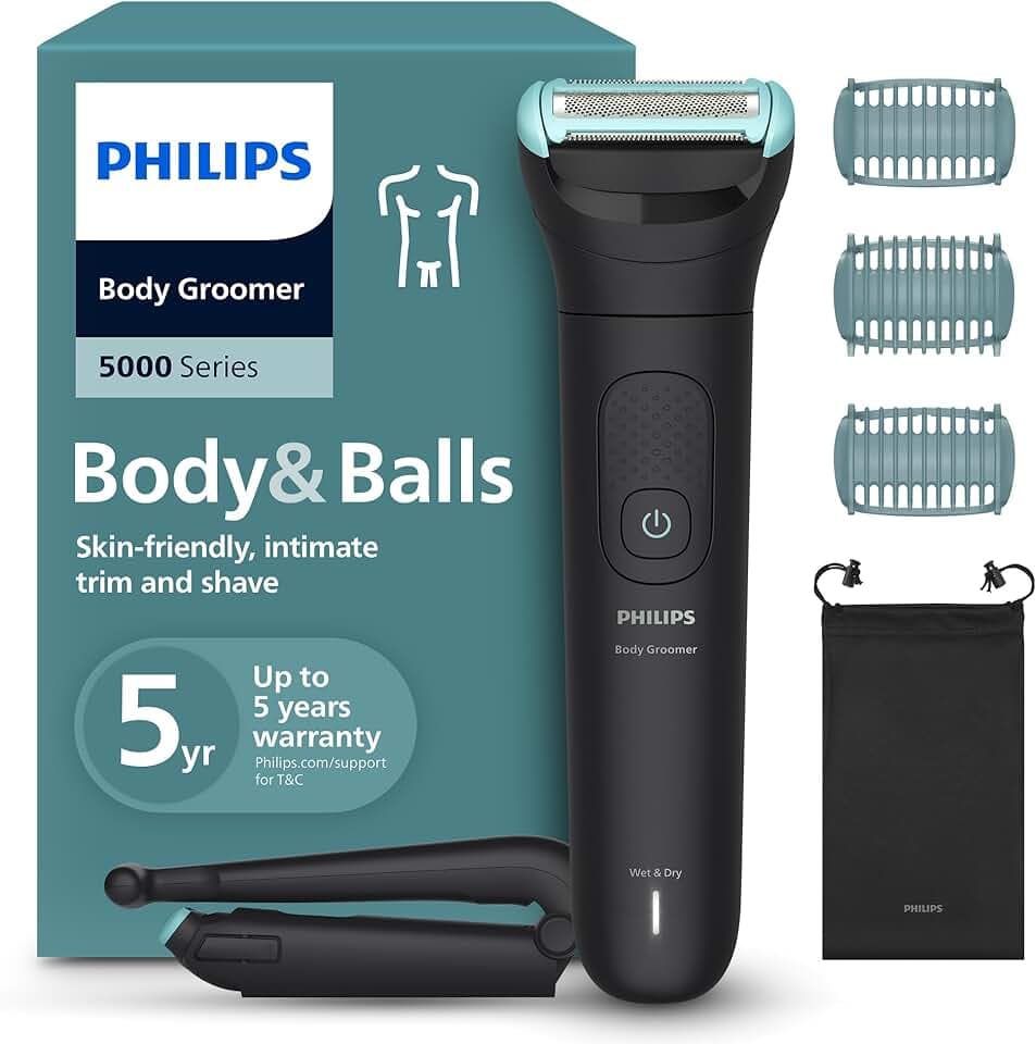 Philips Bodygroom 5000 für Herren – mit Dreifachschutz-Rasiersystem, elektrisch trimmen und rasieren im Intimbereich, klappbarer Rückenaufsatz, 100% duschfest, 100 Min. Laufzeit, Modell BG5480/15
