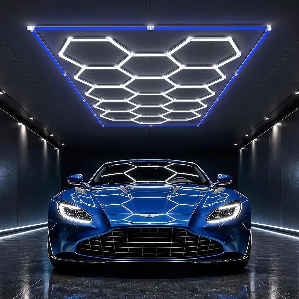 HYPERLITE Gen II Hexagon Garage Lights: 15 Grids with Border DIY Hexagon Led Lights, 6500K Ultra Bright, Easy Install Hex Light, Durable Design for Garage, Car Detailing, Workshops, Gym(Blue)