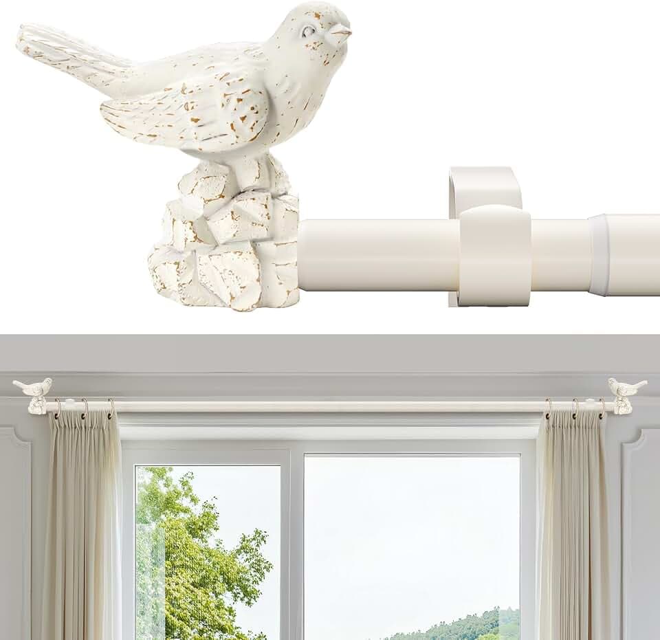 White Curtain Rod 36 to 72 Inches Curtain Rods for Windows Adjustable Heavy Duty Drapery Rod with Bird Finials for Kitchen Window Living Room