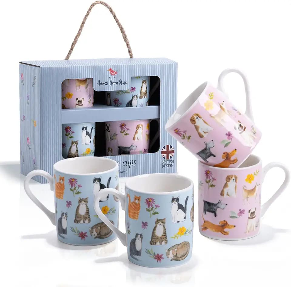 Cute Dog and Cat Espresso Cups Set of 4, 3.5oz Small Coffee Cups for Pet Lovers, Cat Mom & Dog Mom Gift, Designed in England by Harvest Green Studio