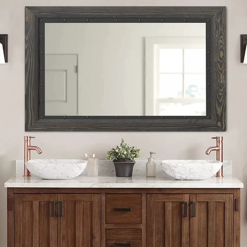 YOSHOOT Rustic Wooden Framed Wall Mirror, 40x30 Inch, Natural Wood and Iron Bathroom Vanity Mirror for Farmhouse Decor, Vertical or Horizontal Hanging