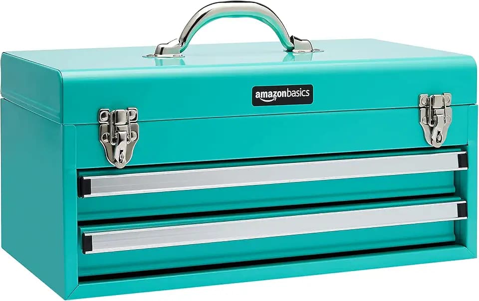 Amazon Basics Metal Tool Box with Drawers, Storage and Organization Tool Chest, Powder Coat Finish, 18.1 x 8.7 x 9.5 in, Turquoise