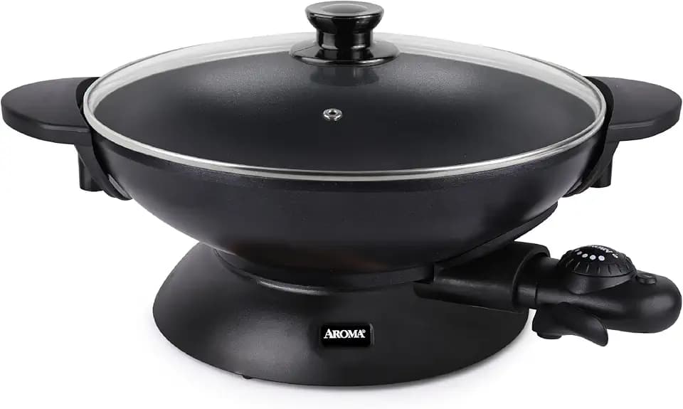 Aroma Housewares AEW-306 Electric Wok with Tempered Glass Lid Easy Clean Nonstick, Cooking Chopsticks, Tempura and Steaming Racks, Professional Model, Black