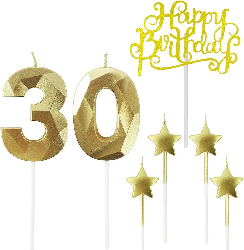 Golden number 30 birthday candles and star birthday candles 2.76 inch birthday cake candles 3D diamond shaped candles are suitable for birthday parties and anniversary cake decorations candles