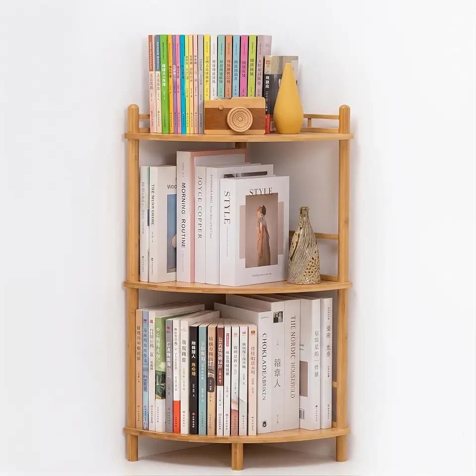 3‑Tier Expandable Bamboo Corner Shelf with Rail, Display Storage Stand