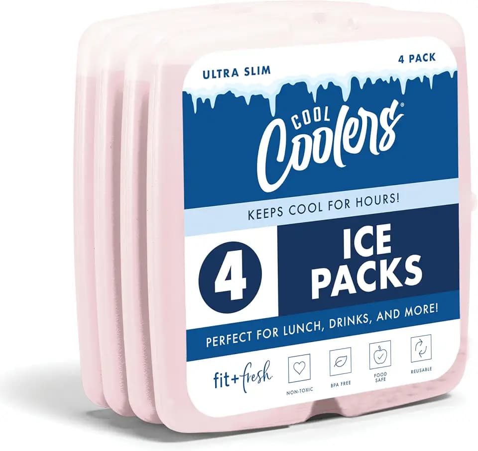 Cool Coolers by Fit & Fresh Slim Ice Packs, Quick Freeze Reusable Ice Packs for Lunch Boxes & Coolers, Long-Lasting, Space Saving Lunch Ice Packs, Blue, 4Pk