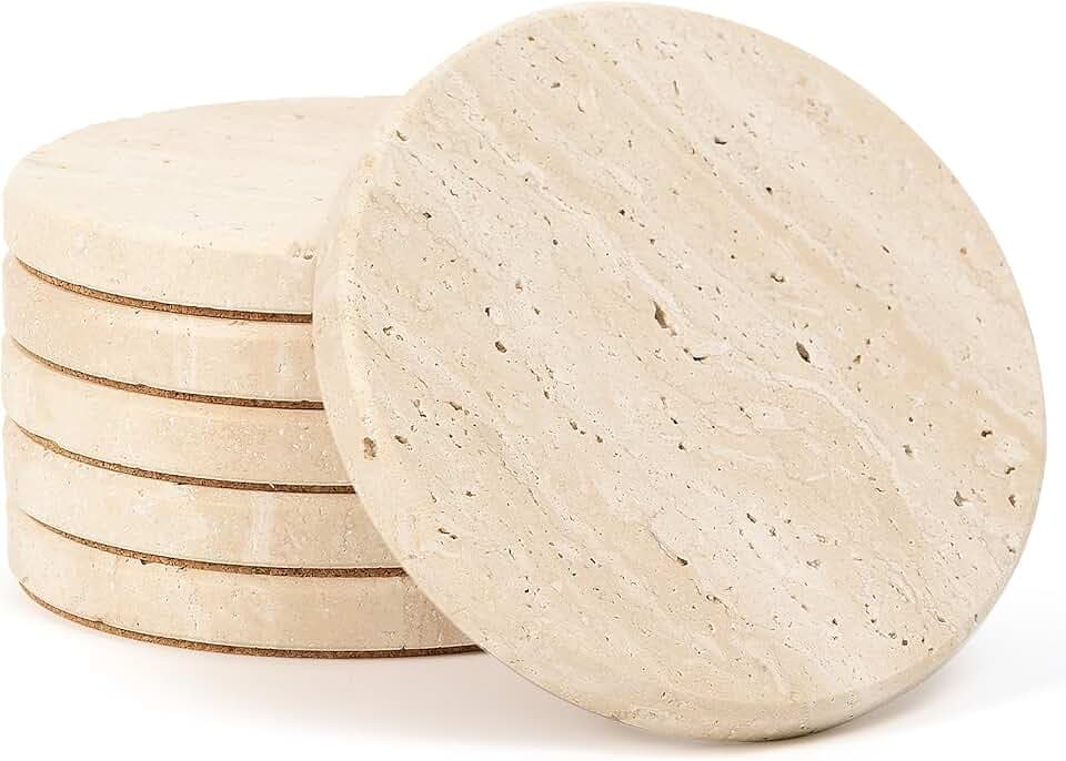 Travertine Stone Coasters Set of 6, Earthy Neutral, 4 Inch Round