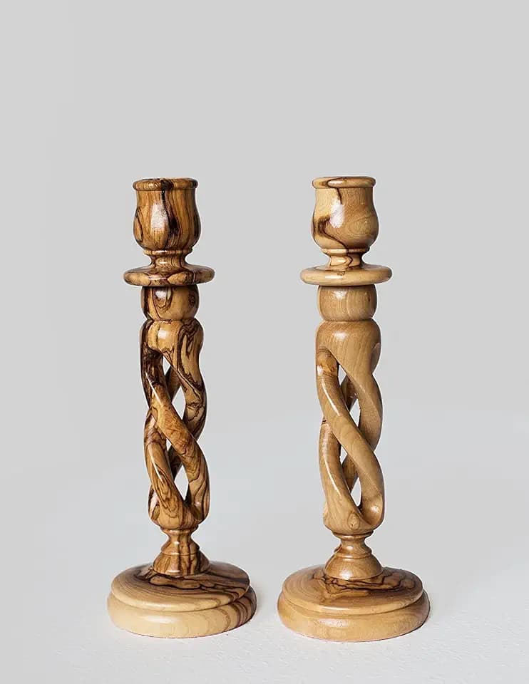 Handcarved Bethlehem Olive Wood Candlesticks Candle Holders (9 inches)