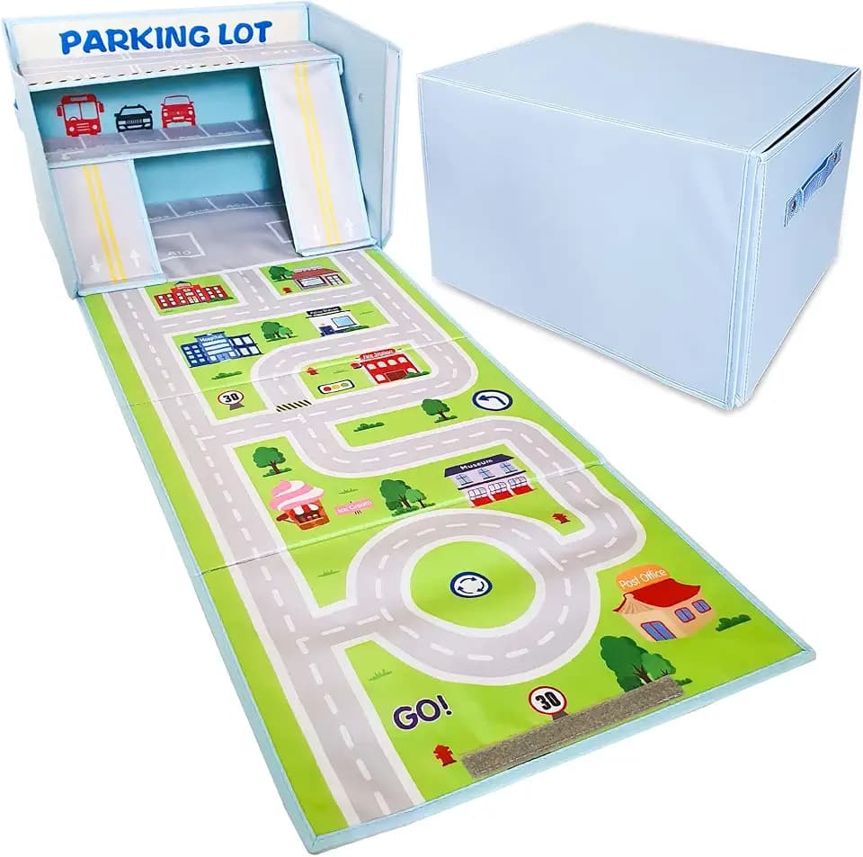 SAM AND MABEL Toy Car Garage Box with Play Mat – Kids' Racecar Storage Basket, Stackable and Collapsible Organizer Bin (Cars Not Included)