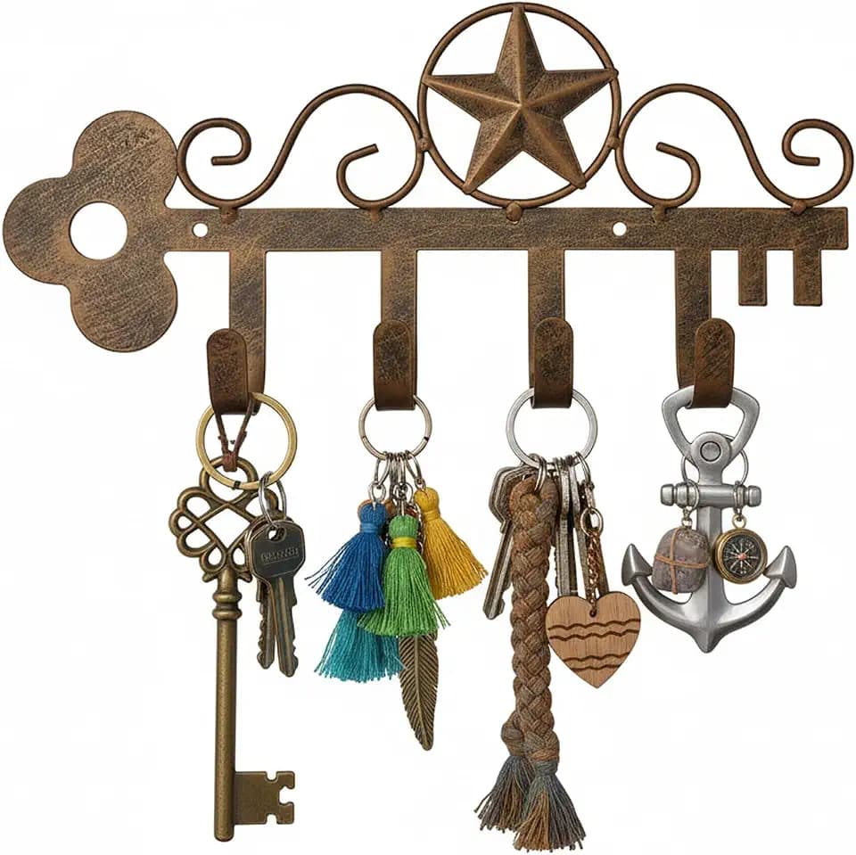Metal Barn Star Key Rack Orange 12-Inch Texas Country Western Style Key Rack with 4 Hooks - Western-Style Home Wall Decor, Vintage Wall Decor Key Hooks, Vintage Star Metal Key Hooks