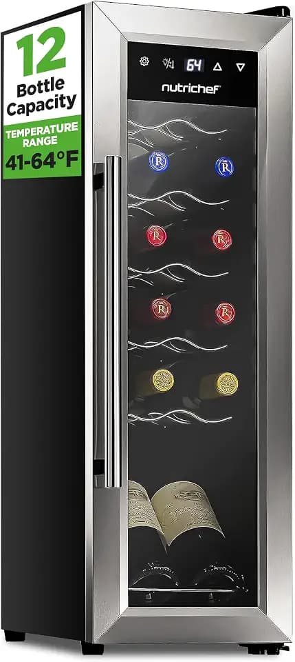 Nutrichef 12 Bottle Stainless Steel Slim Wine Fridge | Red & White Wine Chiller | Adjustable Temperature Control, Ultra Quiet Operation & Energy Efficient | Mini Wine Cooler Refrigerator | 31x10x17 IN
