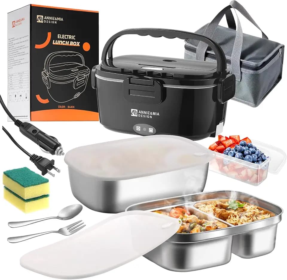 Annie & Mia Design 50-Oz Dual Container Electric Lunch Box for Adults, Portable Food Warmer 12V/24V/110V Plugs, 80W Heated Lunch Box for Car, Truck, Office & Work, Stainless Steel Container