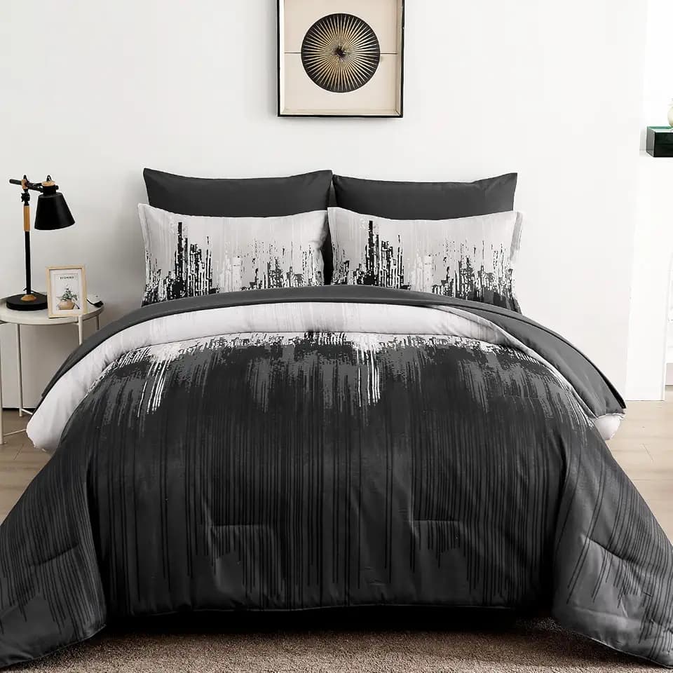 WONGS BEDDING Comforter Set King Size 7 Pieces Black Grey Bedding