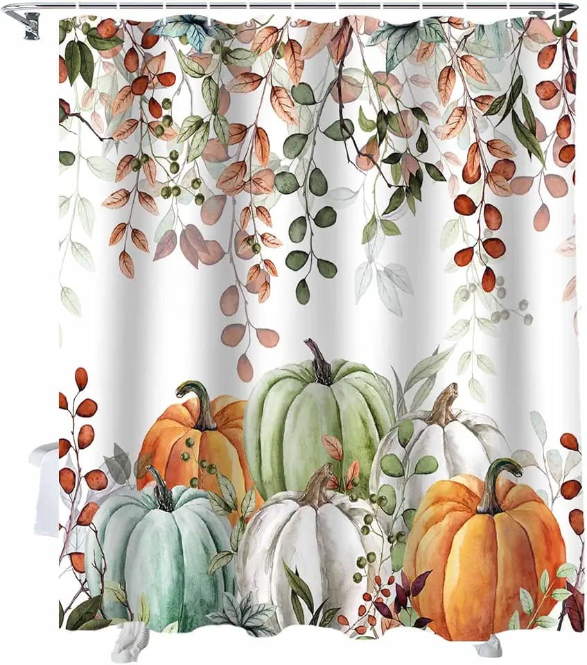 Fall Thanksgiving Shower Curtain, Autumn Pumpkins Eucalyptus Leaves Shower Curtains Set with Hooks, Blue Sage Green Orange Waterproof Fabric Bathroom Curtains Decor Home Accessories,Stall 36 X 72 Inch