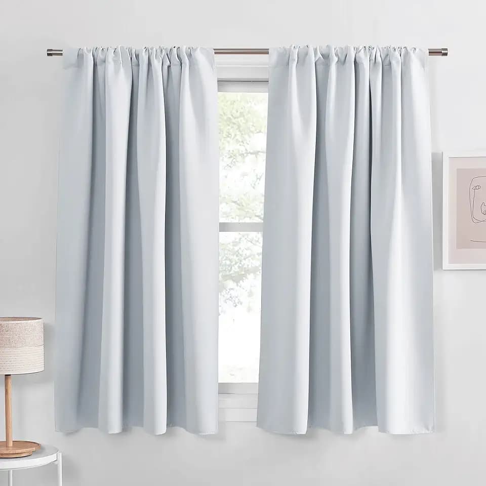 PONY DANCE Short Room Darkening Curtains 48 inch Long for Small Window, Rod Pocket Privacy Bathroom Draperies, Lighting Filtering Drapes for Basement(2 Panels Set,Greyish White, W42 x L48 inches)