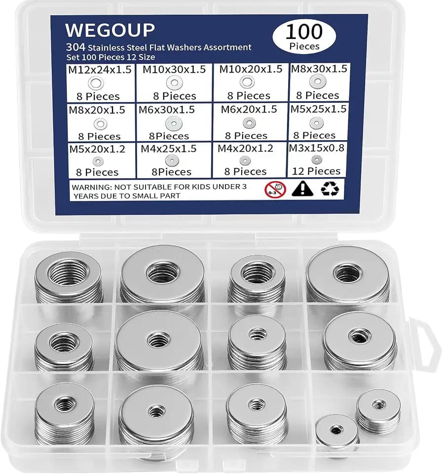 WEGOUP 100Pcs Flat Washers for Screws, 304 Stainless Steel M3-M12 Assorted