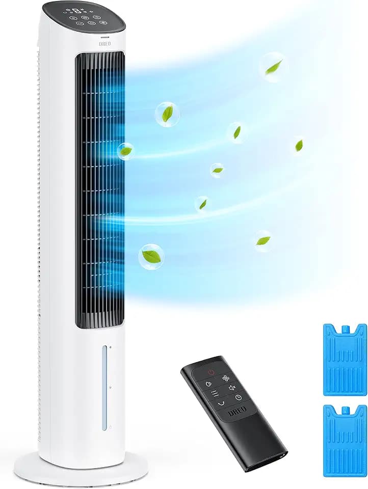 DREO Tower Fans That Blow Cold Air, 40" Evaporative Air Cooler, Cooling Fan for Bedroom with 80° Oscillating, Ice Packs, Remote Control, 3 Modes 4-Speed Quiet Floor Fan, White