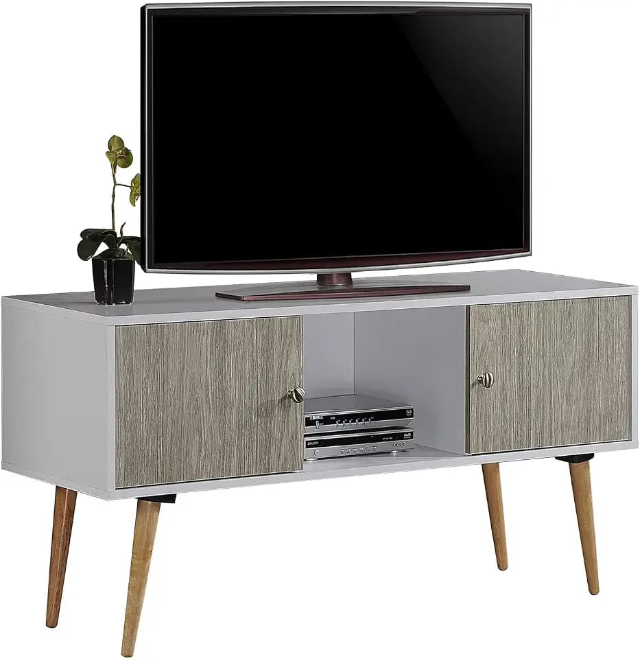 Hodedah Retro Style TV Stand with Two Storage Doors, and Solid Wood Legs, White