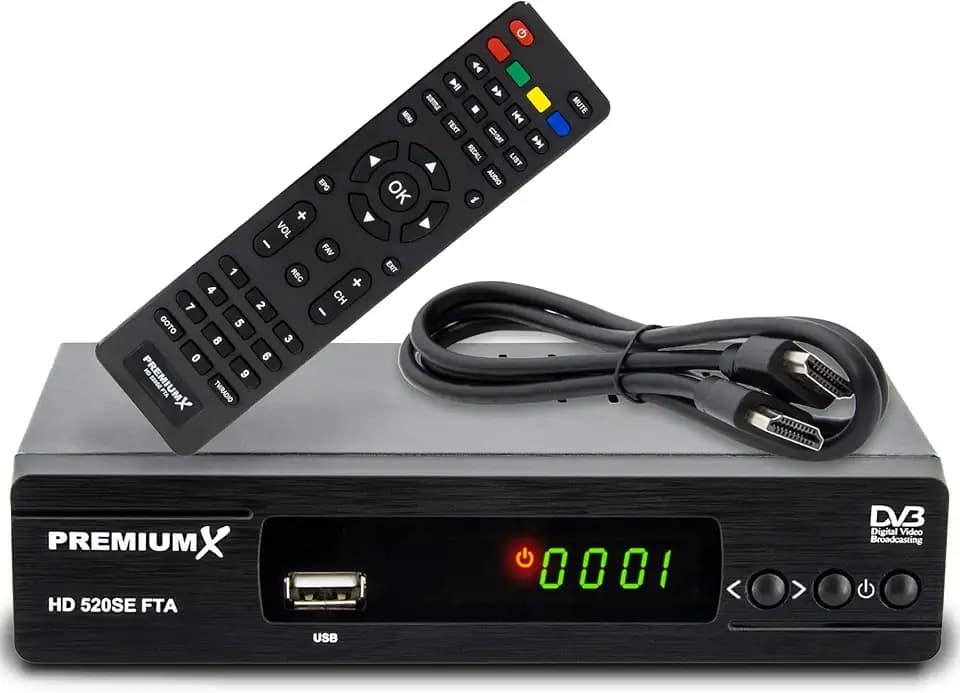 PremiumX Satelliten-Receiver HD 520SE FTA Digital SAT TV Receiver DVB-S2 FullHD HDMI SCART 2X USB Multimedia-Player, Astra Hotbird vorprogrammiert