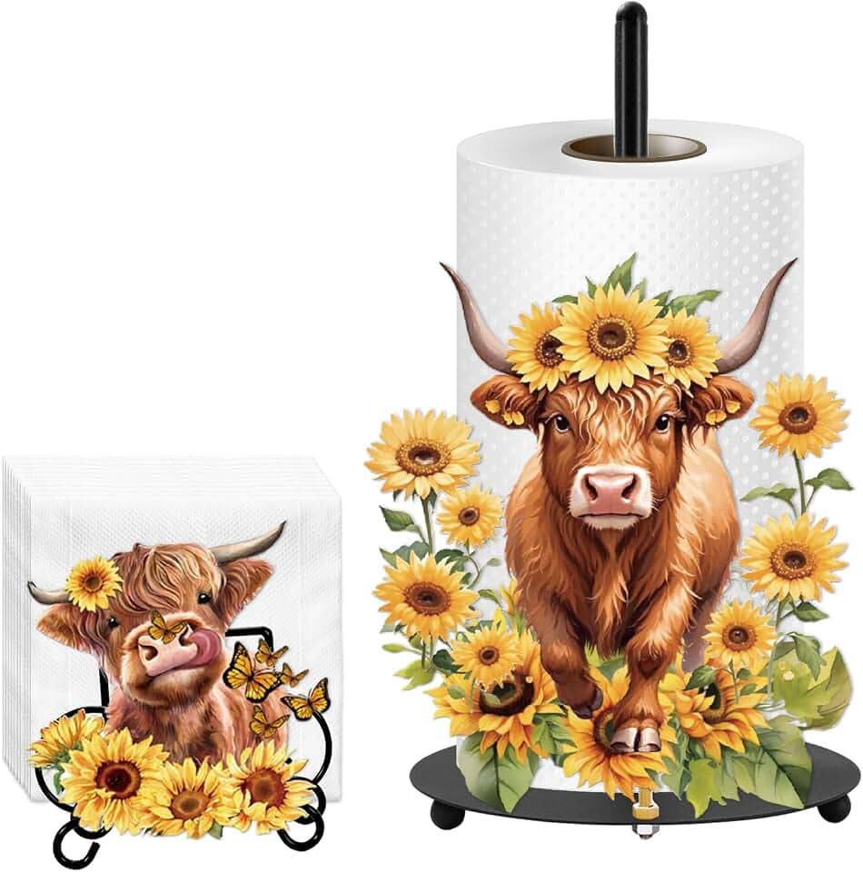 JarThenaAMCS 2Pcs Highland Cow Sunflower Paper Towel Holder Watercolor Floral Cattle Large Metal Towel Holder Stand for Farmhouse Home Bathroom Countertop Kitchen Decor Accessories