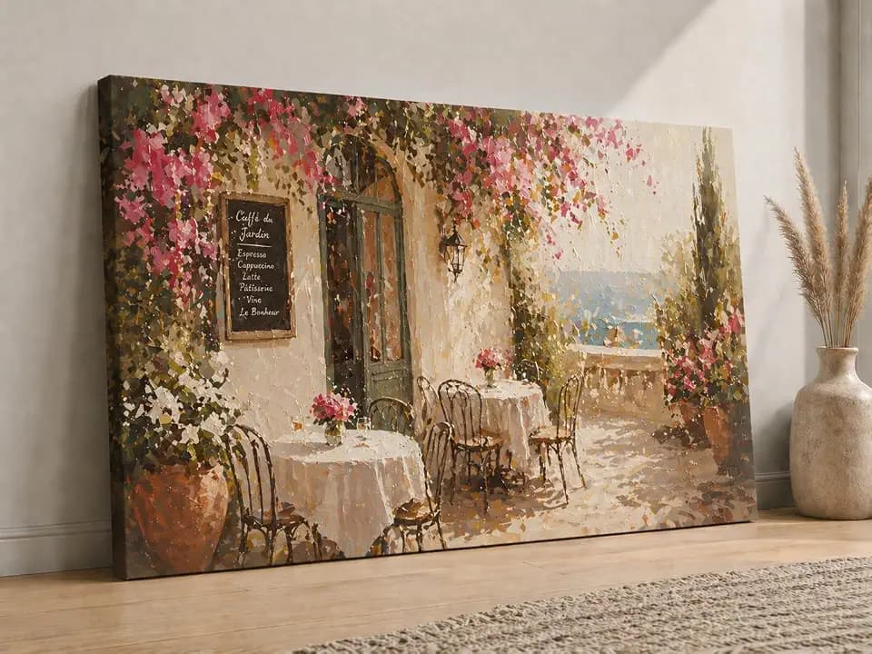 ICE ARMOR Large Outdoor Garden Cafe Wall Art Romantic Bistro Scene Painting Floral Patio Dining Decor Impressionist Style Artwork 24x36 Inch Frameless Canvas Print - Ready to hang