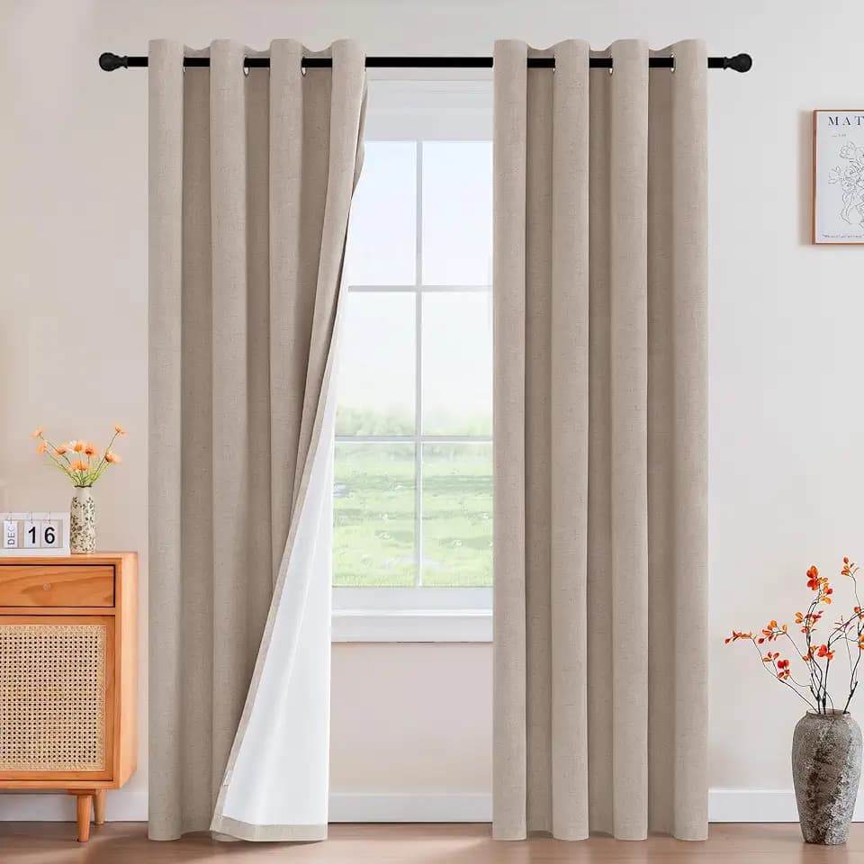 PrinceDeco Blackout Curtains Linen Blended 108 Inch Long Room Darkening Black Out Curtains for Living Room with Natural Slubs & Grayish (Not Solid) Thermal Insulated Grommet 2 Panels - Heathered Sand