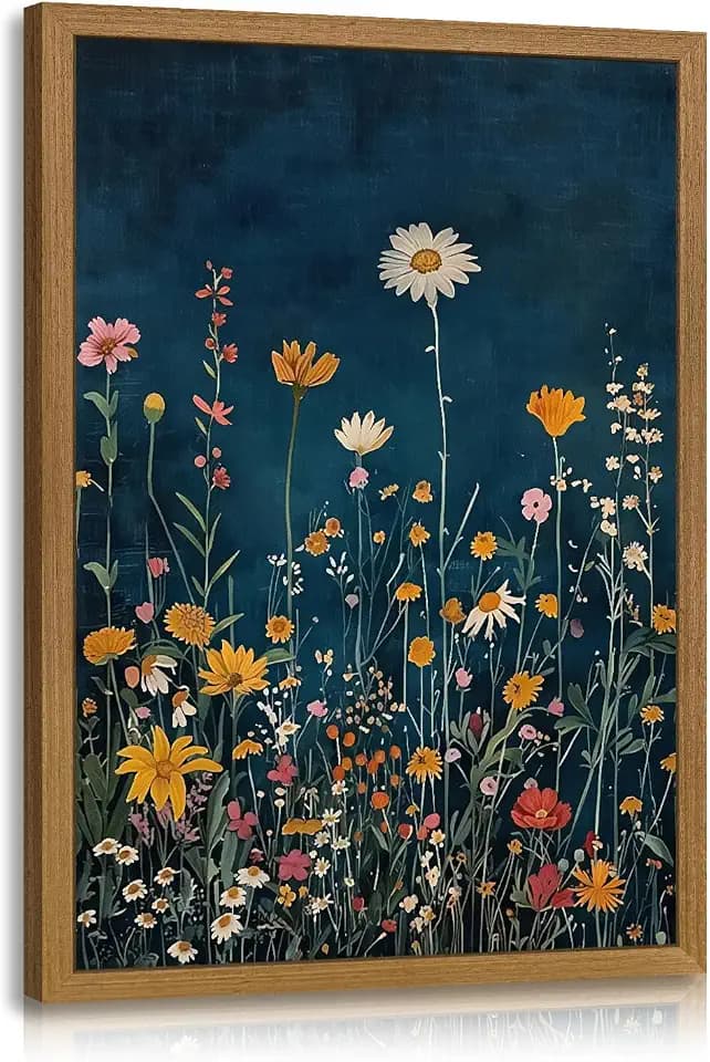 Snlihc Wood Framed Boho Dark Blue Flora Living Room Wall Art 16x24 in