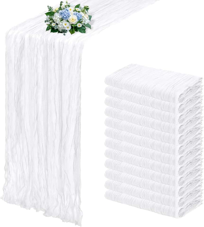 12 Pack White Cheesecloth Table Runner 17x108 Inch Semi Sheer Boho Gauze Cheese Cloth Fabric Table Runners, for Wedding Party Baby Shower Birthday Home Decor Garden Farmhouse