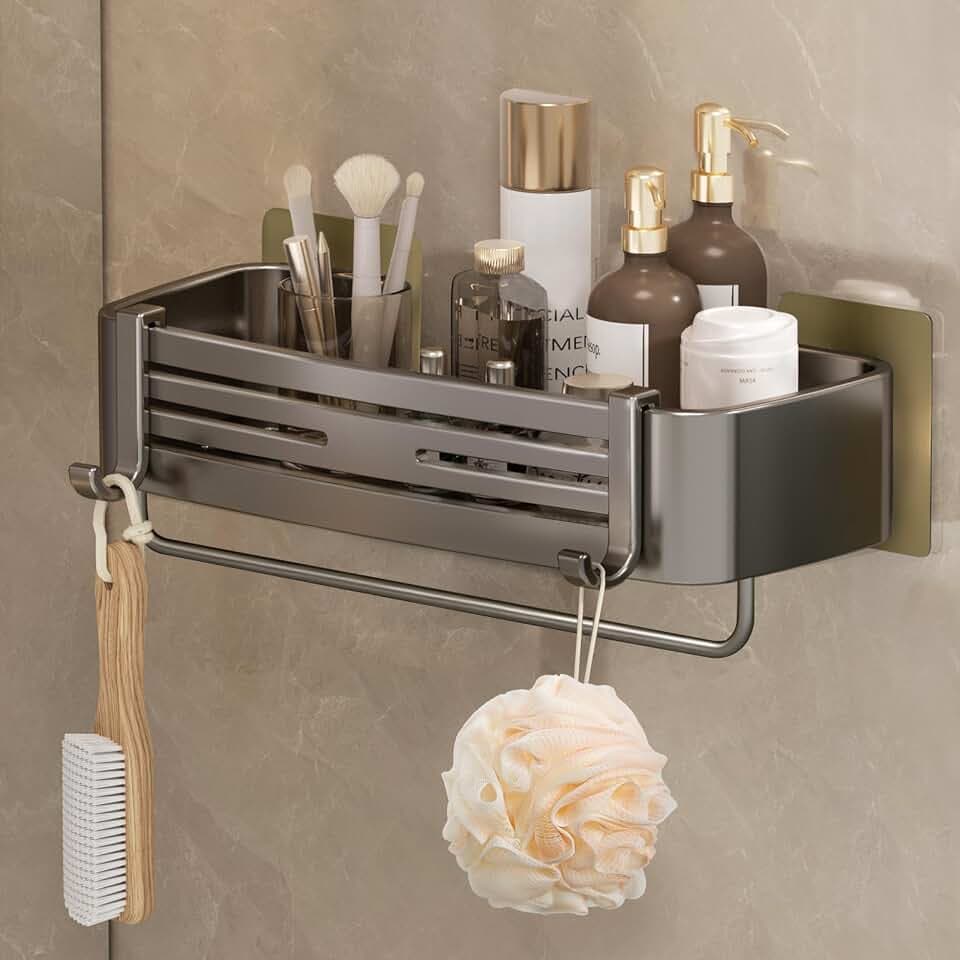 Shower Caddy, No-Drilling Adhesive Shower Shelves with Hooks, Waterproof & Rustproof Removable Shower Organizer Storage for Bathroom Kitchen
