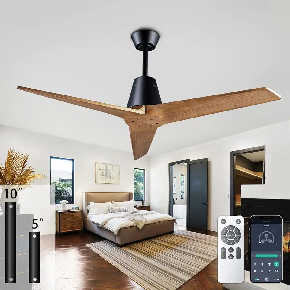 52 Inch Solid Wood 3 Blades Outdoor Ceiling Fan No Light DC Remote Control