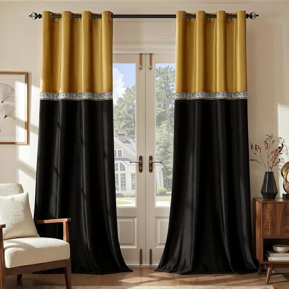 GIGIZAZA Velvet Curtains 96 Inch for Living Room 2 Panels Gold Black