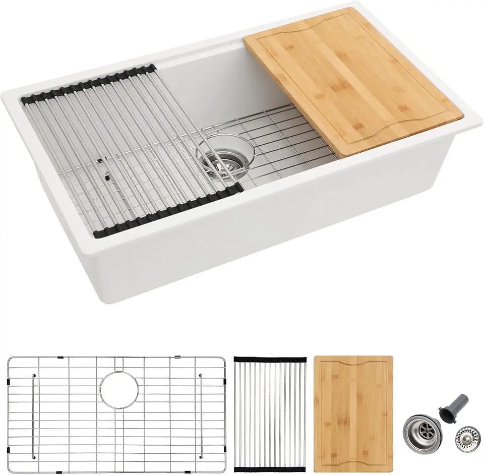 Dcolora 30 In. White Granite Composite Undermount Kitchen Sink Single Bowl Workstation, Quartz Kitchen Sink 30" x 19" x 9.65" #DC-GU5521