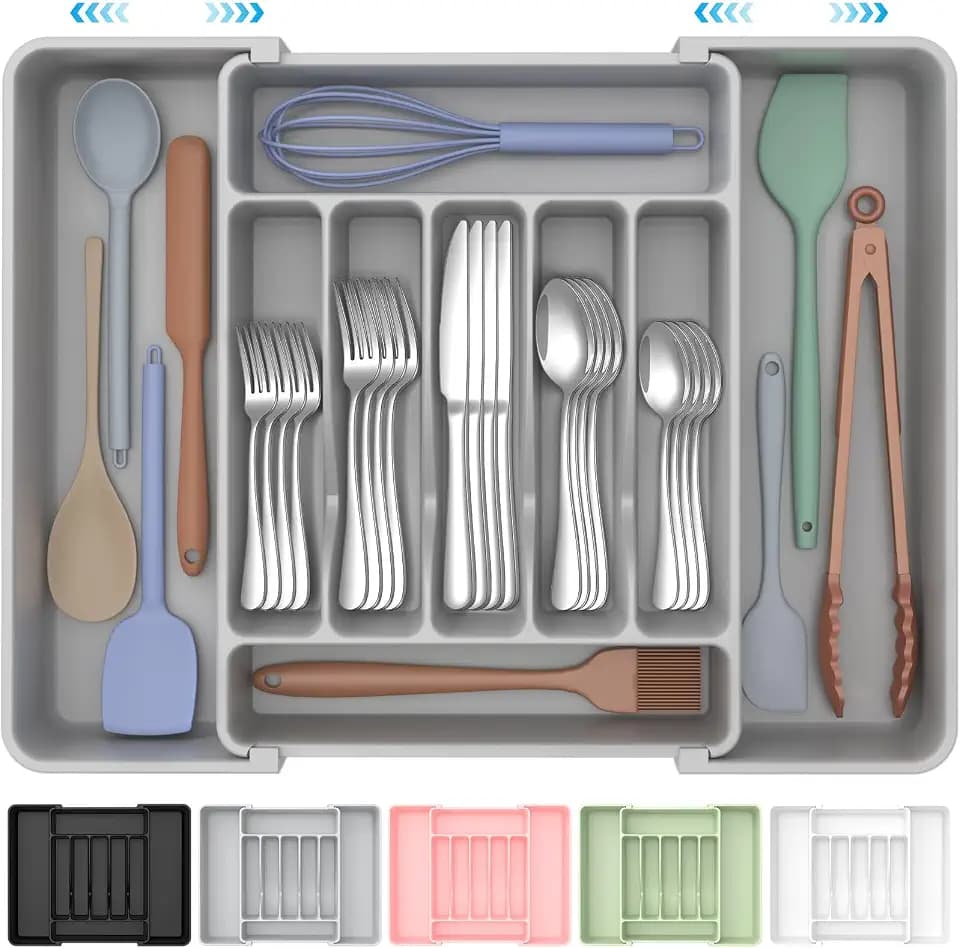 ukeetap Extra Large Expandable Silverware Organizer, Flatware Tray,Gray