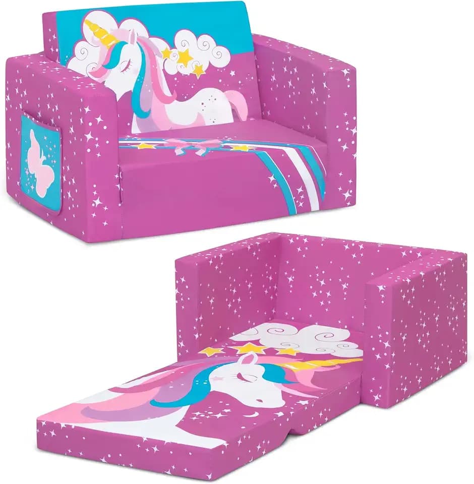 Delta Children Cozee Kids Couch 2-Seater Kids Sofa, Convertible 2-in-1 Flip Open Toddler Couch Sleeper, Foam Chair for Playroom & Bedroom, Bed Lounger, Comfy Play Sleeping Lounge Chair, Unicorn