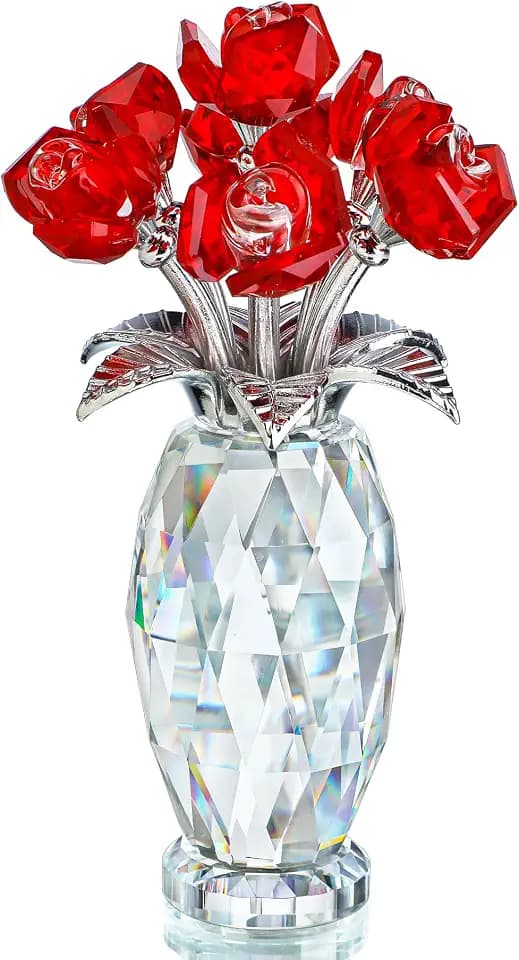 Handmade Red Crystal Glass Rose Figurine with Base Table Centerpiece Decor