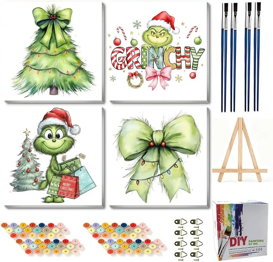 cdjlddww 4 Pack Framed Christmas Paint by Numbers Kit for Adults Wooden Easel & Gift Box,Christmas DIY Painting by Number on Canvas,Easy Acrylic Oil Painting by Number Framed