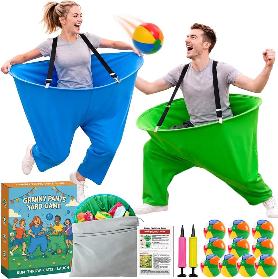 Granny Pants Yard Game for Adults and Kids, Big Pants Ball Catch Game with 2 Giant Pants, Balls, Pumps & Storage Bag, Outdoor Tossing Games for Birthday Party, Backyard Party, Family Reunion