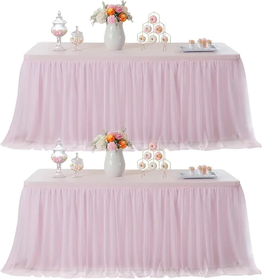 familus Pink Table Cloths 8 Foot Rectangle 2 Pack Stretch Ruffle Tulle Tablecloth Spandex Fitted Table Cover for 8 Foot Tulle Table Skirts for Party Wedding Table Cloths, Banquets