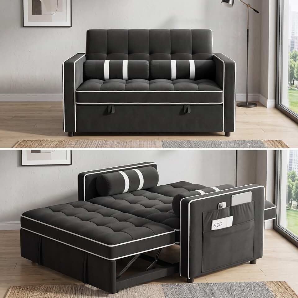 Marsail Futon Sleeper Sofa Bed, Convertible Pull Out Couch, Jet Black