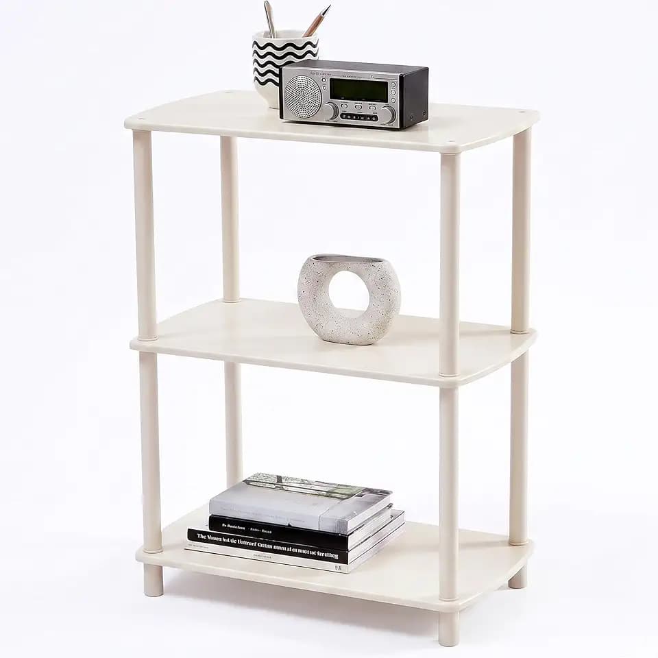 TRESBELLE 3-Tier Storage Shelves, Modern Open Display Bookshelf, Toolless Assembly Wood & Metal Shelving Unit, Multipurpose Storage Organizer Rack for Living Room, Bedroom, Home Office, Ivory