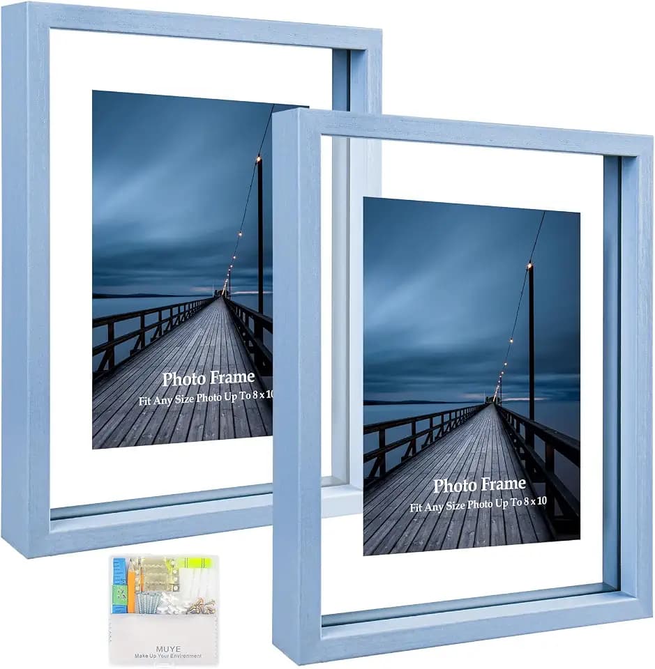 MUYE 8x10 Floating Frame Set of 2,Double Real Glass Photo Frame for Wall Hanging or Tabletop Standing,Display Any Size Photo up to 8x10,Blue