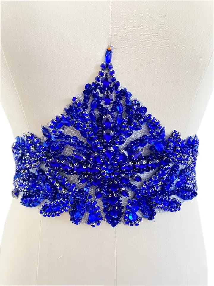 Handmade Rhinestones lace Applique sew on Beads Sequins Patches Accessories for Dress Clothing Waist Trim (Blue)