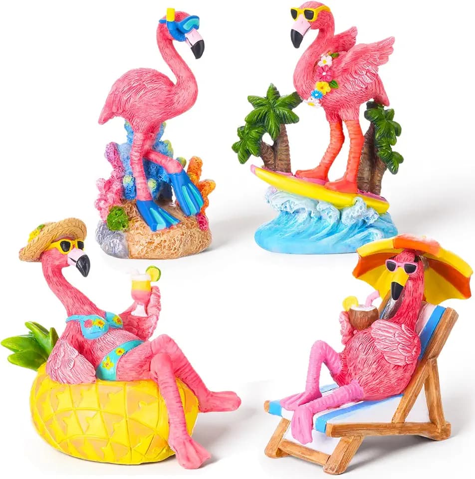 4 Pcs Pink Flamingo Figurines, Cute Tropical Home Decor Resin Statues