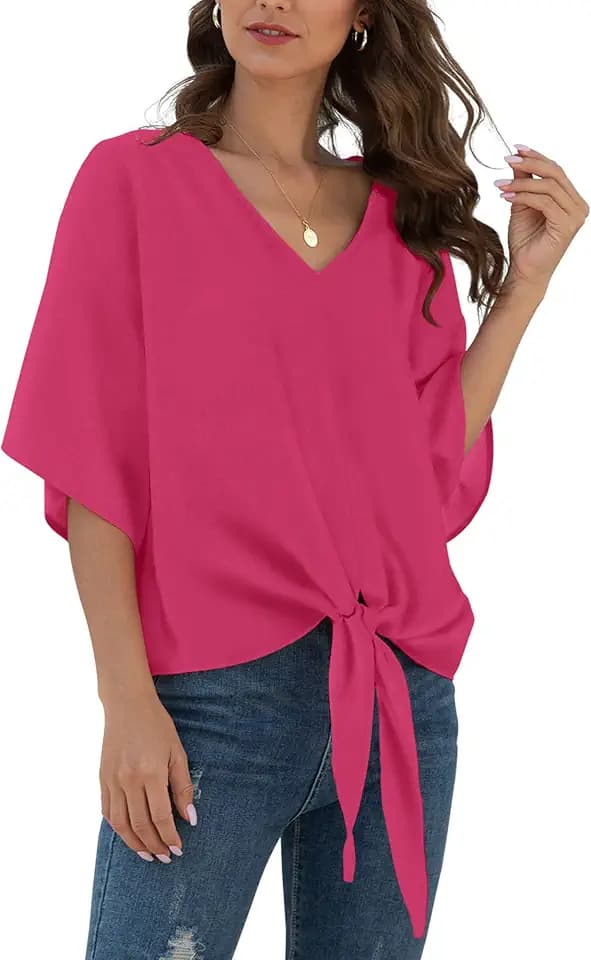 VIISHOW Womens Tie Front Chiffon Blouses V Neck Batwing Short Sleeve Summer Tops Shirts