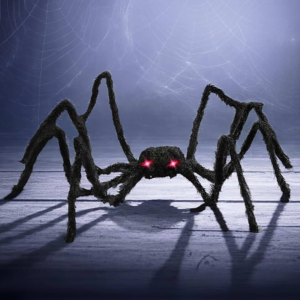 PREXTEX Halloween Spider with Light Up Eyes (LED Lights) - Decorations 4 Ft Hairy Spider Prop with Giant LED Red Eyes - Halloween Decor for Indoor, Outdoor, Golf Cart, Wall - Door Hanger