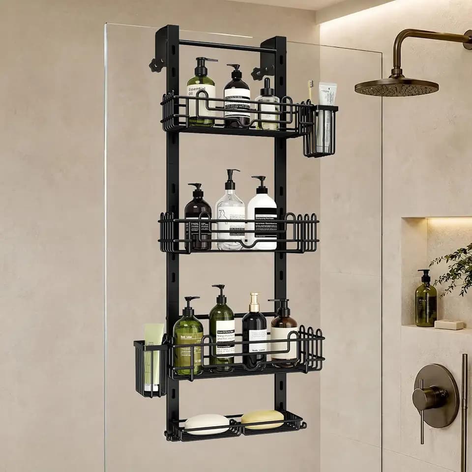 HapiRm Over the Door Shower Caddy - 4-Tier Hanging Shower Organizer with 22 Hooks and 2 Toothbrush Holders, No Drilling Adjustable Hanging Shelves for Bathroom - Black