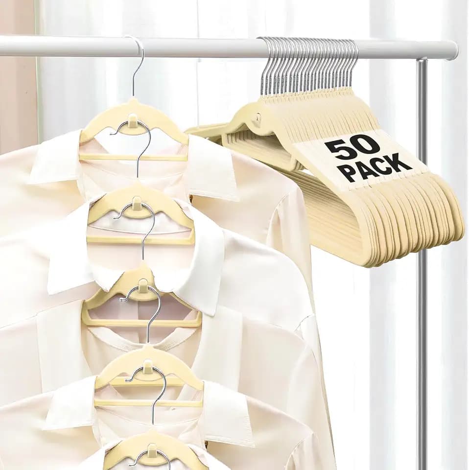 Velvet Felt Stackable Hangers 50 Pack, Thin & Space Saving, Ivory