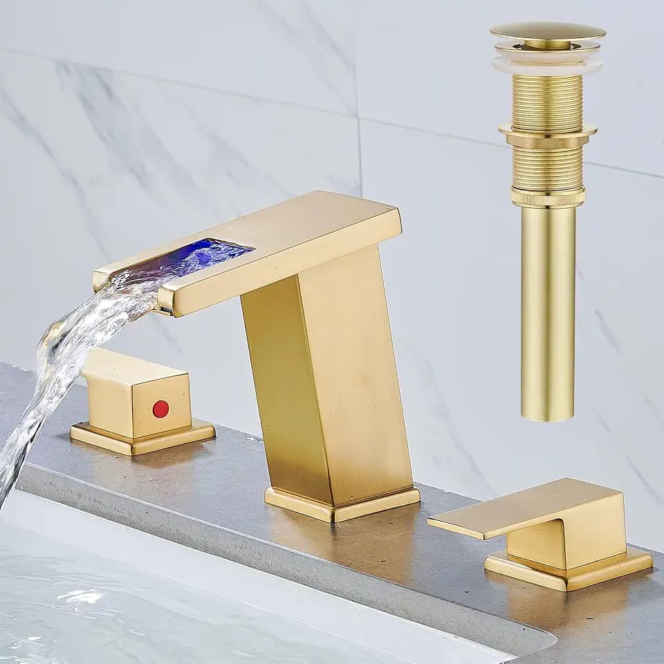 AVSIILE LED Bathroom Faucet 3 Hole, Brushed Gold Waterfall Bathroom Faucets