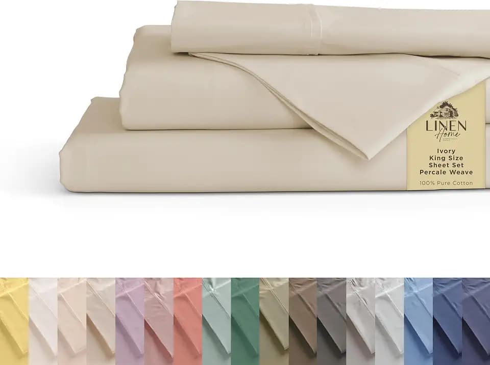 Linen Home 100% Cotton Percale King Sheets, 4 Pc Cooling Set - Ivory